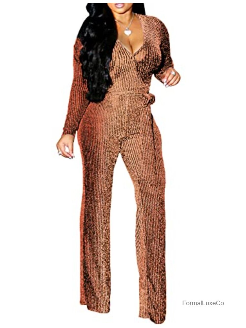 Sparkly V-Neck Long Sleeve Jumpsuit with Belt Clubwear Party